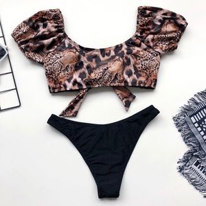 Leopard Print Front Tie Bikini Set